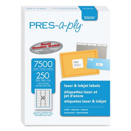PRES-A-PLY Labels, Laser Printers, 1 x 2.63, White, PK7500 30606